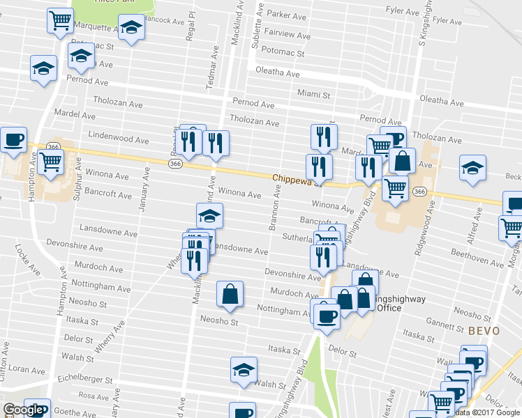 map of restaurants, bars, coffee shops, grocery stores, and more near 5223 Bancroft Avenue in St. Louis