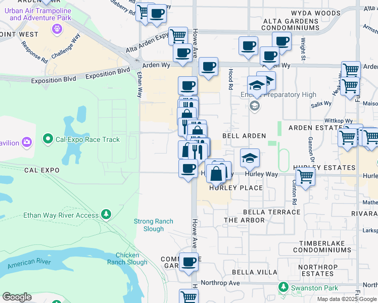 map of restaurants, bars, coffee shops, grocery stores, and more near 1337 Howe Avenue in Sacramento
