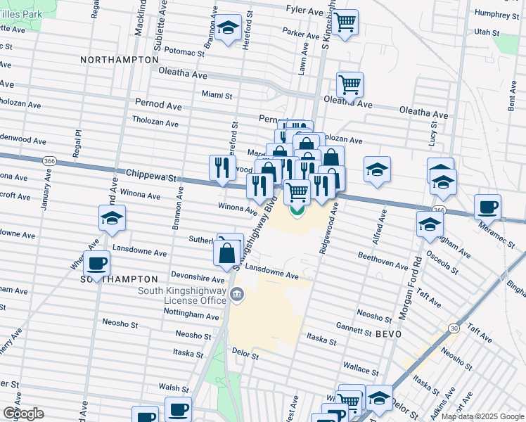 map of restaurants, bars, coffee shops, grocery stores, and more near 4247 South Kingshighway Boulevard in St. Louis