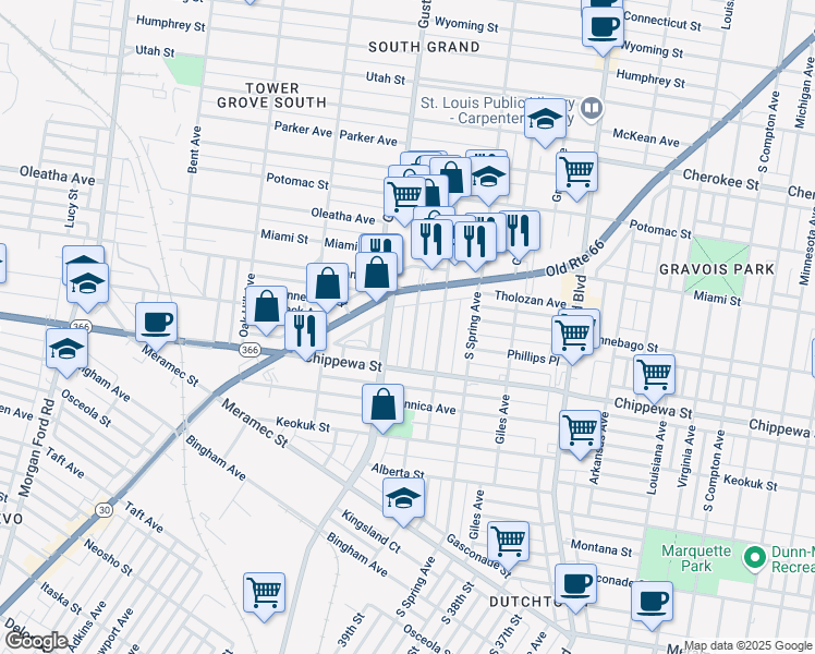 map of restaurants, bars, coffee shops, grocery stores, and more near 3641 Hydraulic Avenue in St. Louis