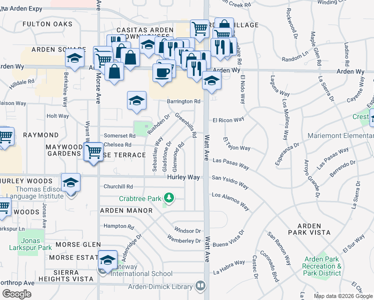 map of restaurants, bars, coffee shops, grocery stores, and more near 1336 Shadowglen Road in Sacramento