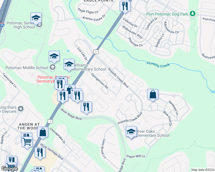 map of restaurants, bars, coffee shops, grocery stores, and more near 16649 Geddy Court in Woodbridge