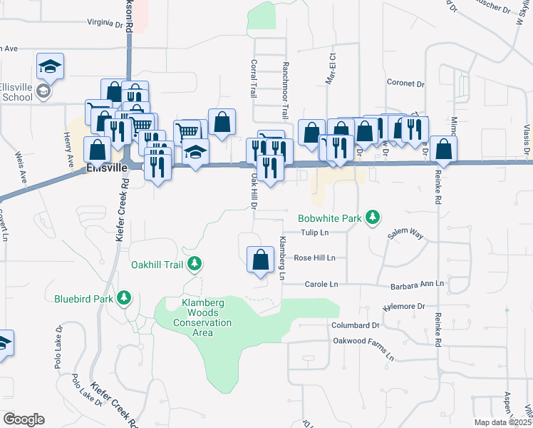 map of restaurants, bars, coffee shops, grocery stores, and more near 1194 Oak Hill Court in Ballwin