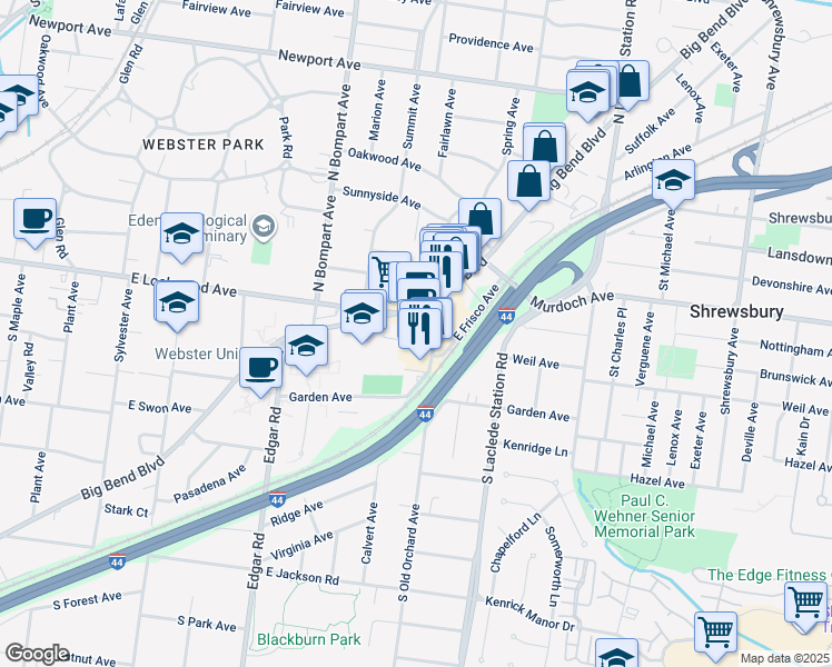map of restaurants, bars, coffee shops, grocery stores, and more near 23 South Old Orchard Avenue in Webster Groves