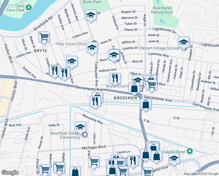 map of restaurants, bars, coffee shops, grocery stores, and more near 1240 Sacramento Avenue in West Sacramento