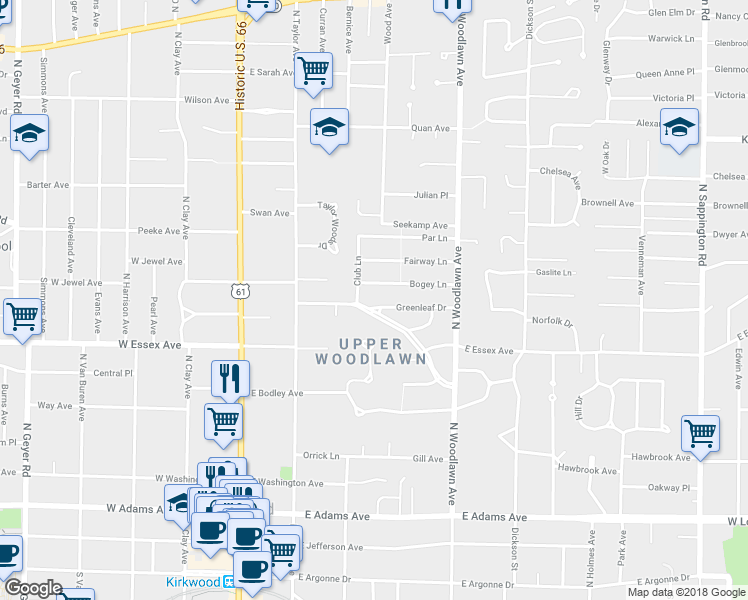 map of restaurants, bars, coffee shops, grocery stores, and more near 327 Greenleaf Drive in Kirkwood