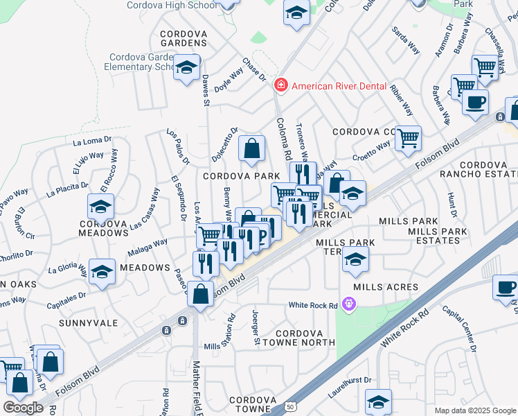 map of restaurants, bars, coffee shops, grocery stores, and more near 2679 Garrett Way in Rancho Cordova