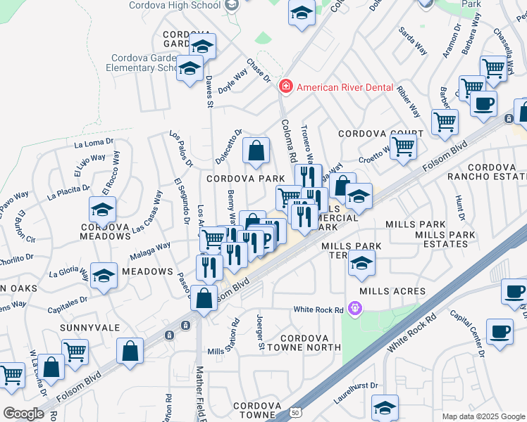 map of restaurants, bars, coffee shops, grocery stores, and more near 2679 Garrett Way in Rancho Cordova