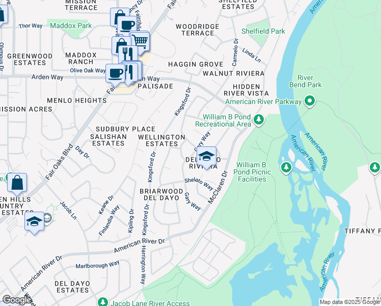 map of restaurants, bars, coffee shops, grocery stores, and more near 1390 Gary Way in Carmichael