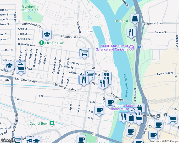 map of restaurants, bars, coffee shops, grocery stores, and more near 514 B Street in West Sacramento