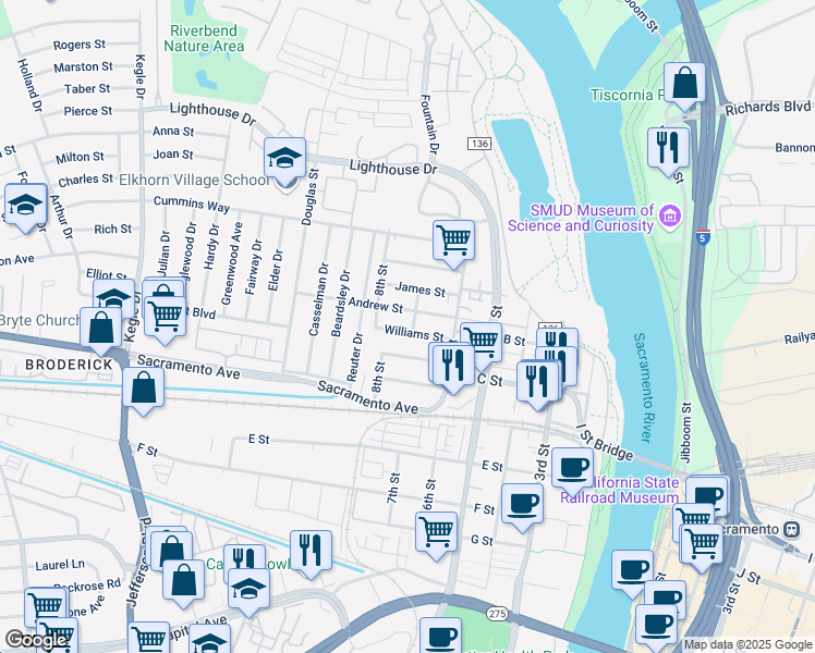 map of restaurants, bars, coffee shops, grocery stores, and more near 636 Williams Street in West Sacramento