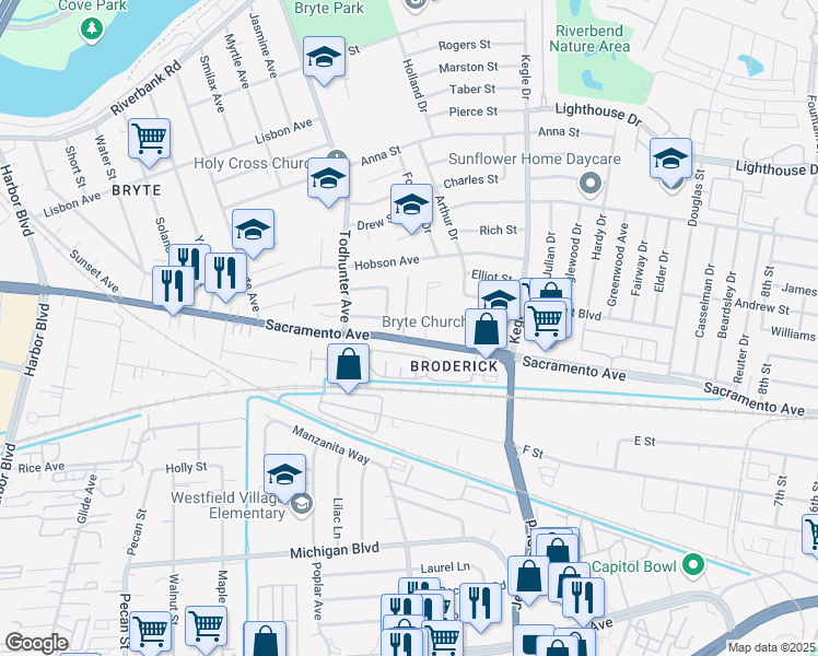 map of restaurants, bars, coffee shops, grocery stores, and more near 1240 Sacramento Avenue in West Sacramento