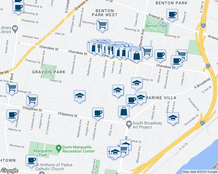 map of restaurants, bars, coffee shops, grocery stores, and more near 3546 Iowa Avenue in St. Louis