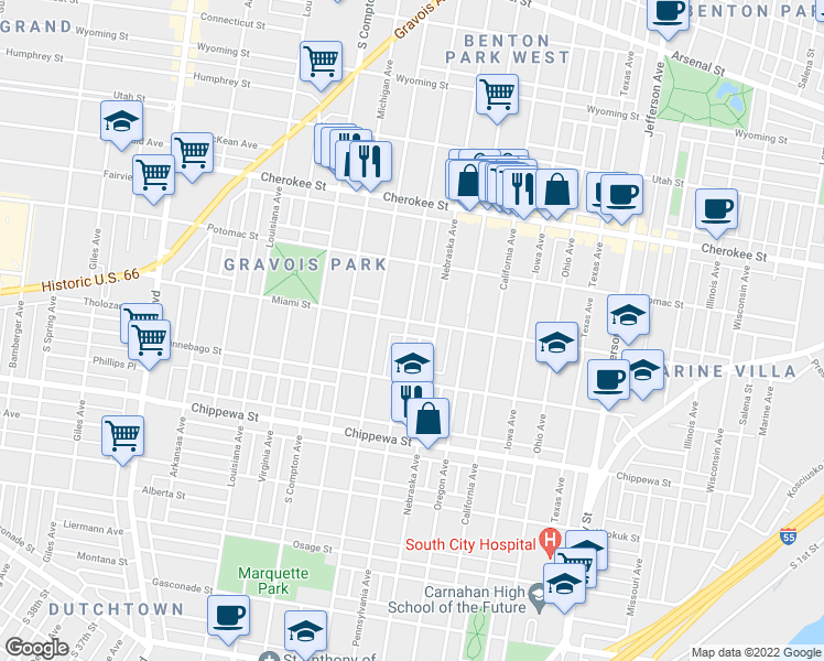 map of restaurants, bars, coffee shops, grocery stores, and more near 2920 Miami Street in St. Louis