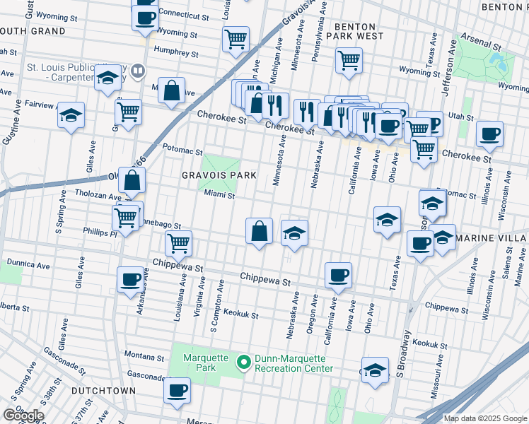 map of restaurants, bars, coffee shops, grocery stores, and more near 3100 Miami Street in St. Louis