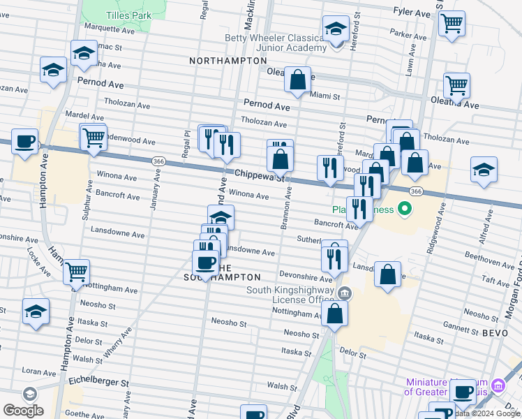 map of restaurants, bars, coffee shops, grocery stores, and more near 5223 Bancroft Avenue in St. Louis