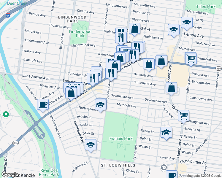 map of restaurants, bars, coffee shops, grocery stores, and more near 4500 Donovan Avenue in St. Louis
