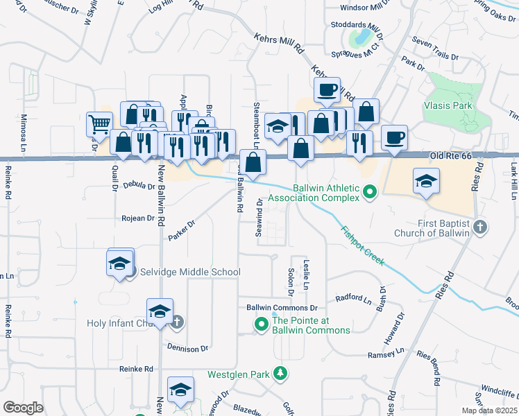 map of restaurants, bars, coffee shops, grocery stores, and more near 124 Old Ballwin Road in Ballwin