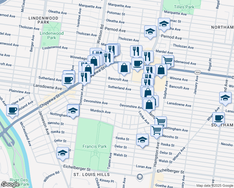map of restaurants, bars, coffee shops, grocery stores, and more near 6337 Lansdowne Avenue in St. Louis