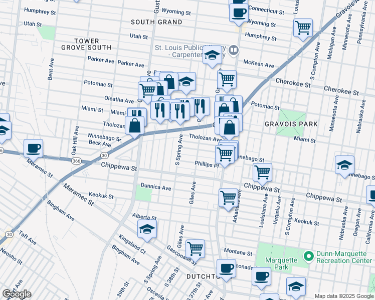 map of restaurants, bars, coffee shops, grocery stores, and more near 3722 Winnebago Street in St. Louis