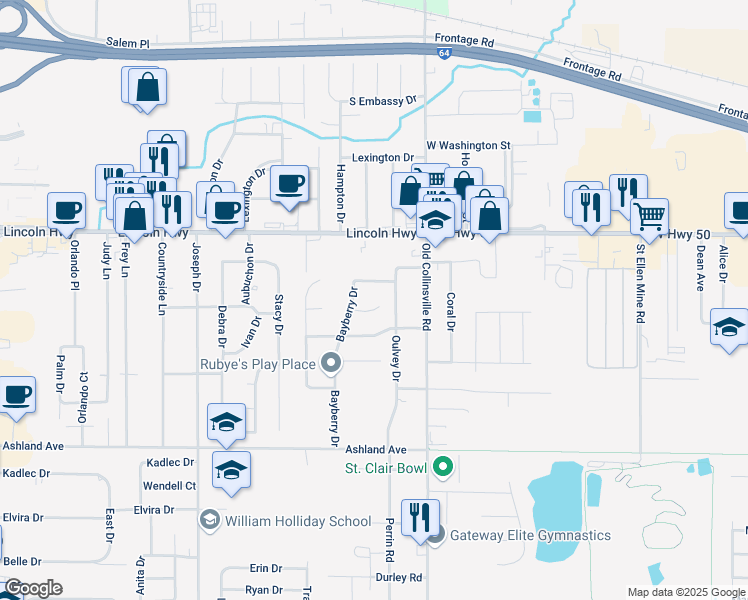 map of restaurants, bars, coffee shops, grocery stores, and more near 913 Fields End Court in Fairview Heights