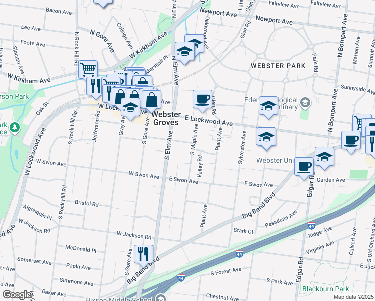 map of restaurants, bars, coffee shops, grocery stores, and more near 117 South Maple Avenue in Webster Groves