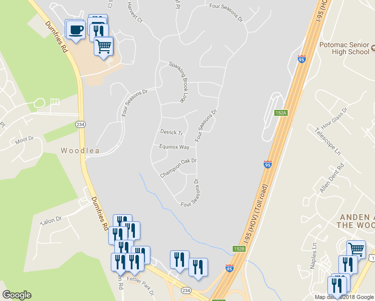 map of restaurants, bars, coffee shops, grocery stores, and more near 3756 Equinox Way in Dumfries
