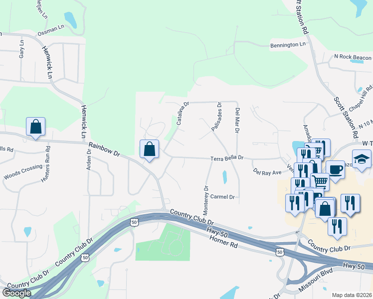 map of restaurants, bars, coffee shops, grocery stores, and more near 4101 Cross Key Court in Jefferson City
