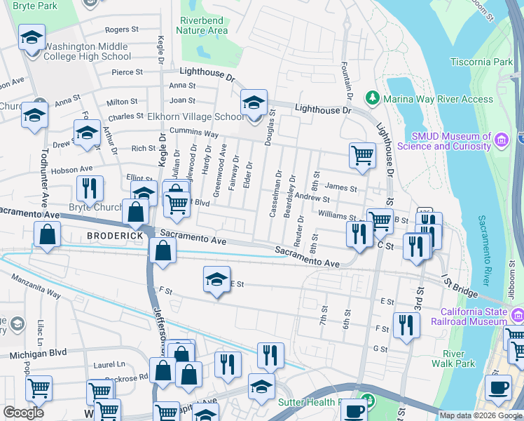 map of restaurants, bars, coffee shops, grocery stores, and more near 890 Casselman Drive in West Sacramento