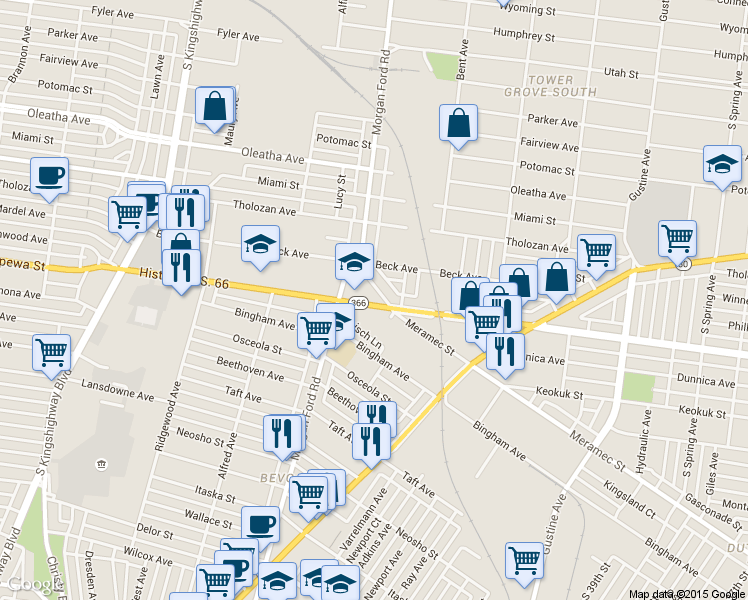 map of restaurants, bars, coffee shops, grocery stores, and more near 4275 Chippewa Street in St. Louis