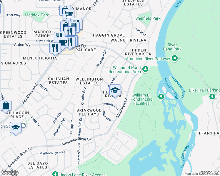 map of restaurants, bars, coffee shops, grocery stores, and more near 1390 Gary Way in Carmichael