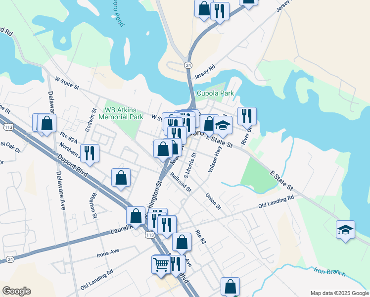 map of restaurants, bars, coffee shops, grocery stores, and more near 104 Main Street in Millsboro
