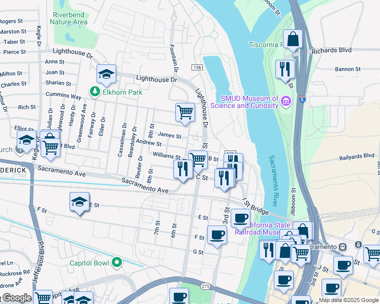 map of restaurants, bars, coffee shops, grocery stores, and more near 514 B Street in West Sacramento