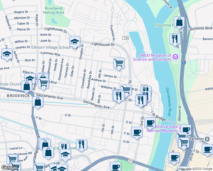 map of restaurants, bars, coffee shops, grocery stores, and more near 636 Williams Street in West Sacramento