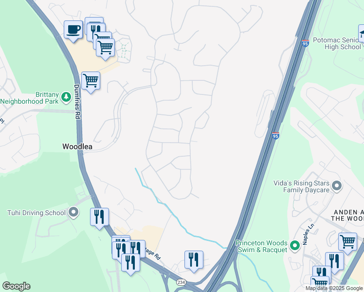 map of restaurants, bars, coffee shops, grocery stores, and more near 3756 Equinox Way in Dumfries