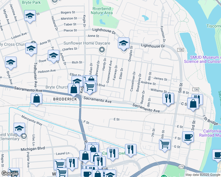 map of restaurants, bars, coffee shops, grocery stores, and more near 805 Fremont Boulevard in West Sacramento