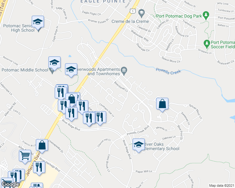map of restaurants, bars, coffee shops, grocery stores, and more near 16605 Galt Court in Woodbridge