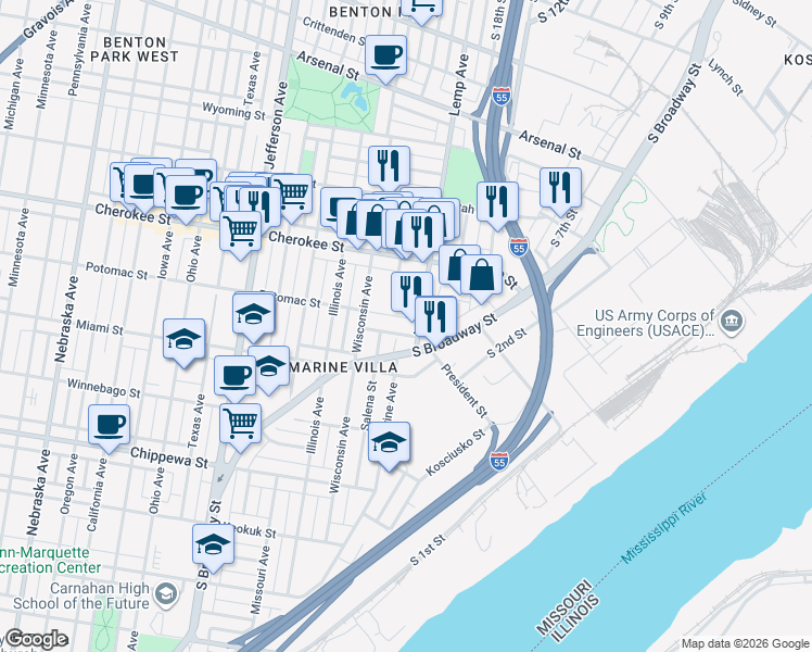 map of restaurants, bars, coffee shops, grocery stores, and more near 1913 President Street in St. Louis