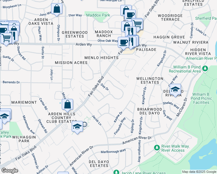 map of restaurants, bars, coffee shops, grocery stores, and more near 1610 Day Drive in Carmichael