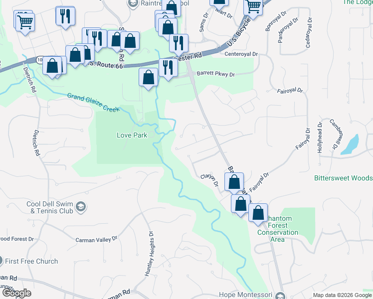 map of restaurants, bars, coffee shops, grocery stores, and more near 2558 Barrett Place Drive in Ballwin