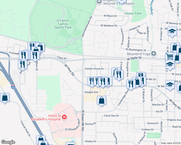 map of restaurants, bars, coffee shops, grocery stores, and more near 221 Eagle Ridge in O'Fallon