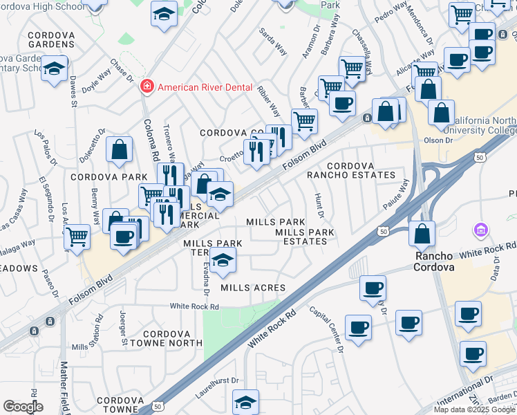 map of restaurants, bars, coffee shops, grocery stores, and more near 10515 Mills Tower Drive in Rancho Cordova