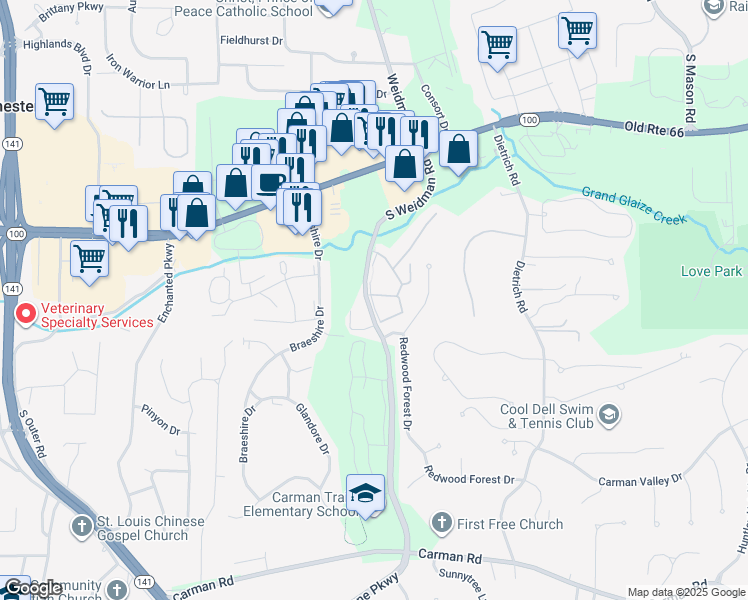 map of restaurants, bars, coffee shops, grocery stores, and more near 304 Oak Moss Walk in Ballwin