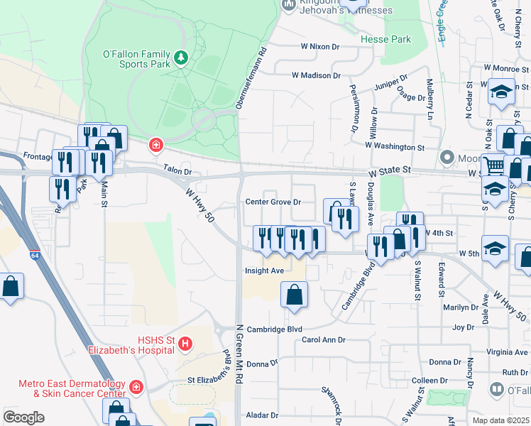 map of restaurants, bars, coffee shops, grocery stores, and more near 221 Eagle Ridge in O'Fallon