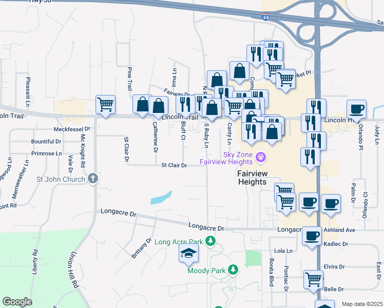 map of restaurants, bars, coffee shops, grocery stores, and more near 17 Bluff Court in Fairview Heights