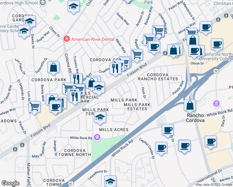 map of restaurants, bars, coffee shops, grocery stores, and more near 10515 Mills Tower Drive in Rancho Cordova