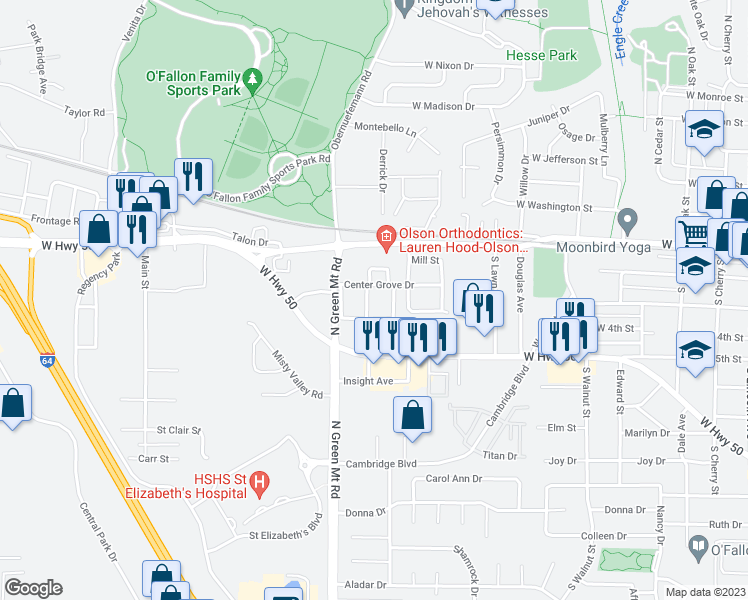 map of restaurants, bars, coffee shops, grocery stores, and more near 255 Eagle Ridge in O'Fallon