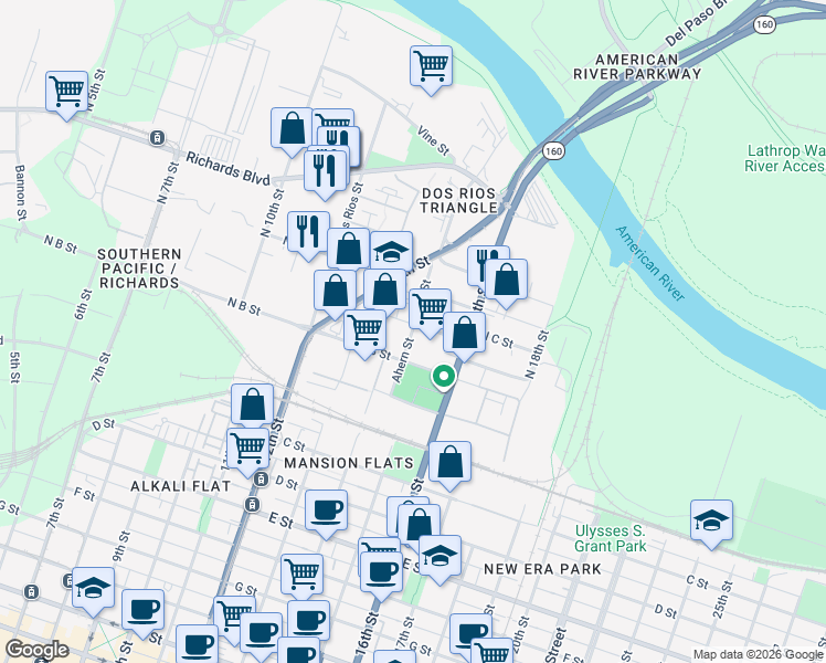 map of restaurants, bars, coffee shops, grocery stores, and more near 270-298 Ahern St in Sacramento