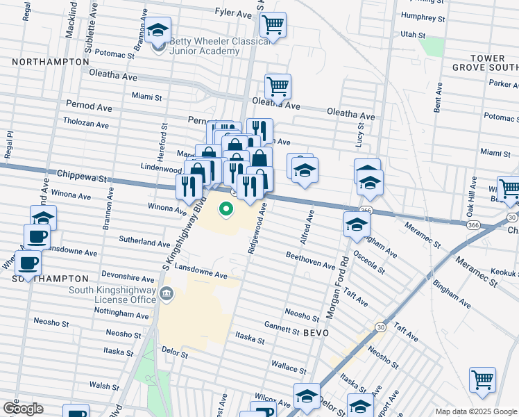 map of restaurants, bars, coffee shops, grocery stores, and more near in St. Louis
