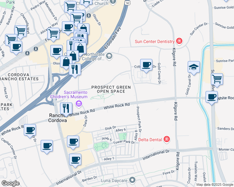 map of restaurants, bars, coffee shops, grocery stores, and more near 10951 White Rock Road in Rancho Cordova